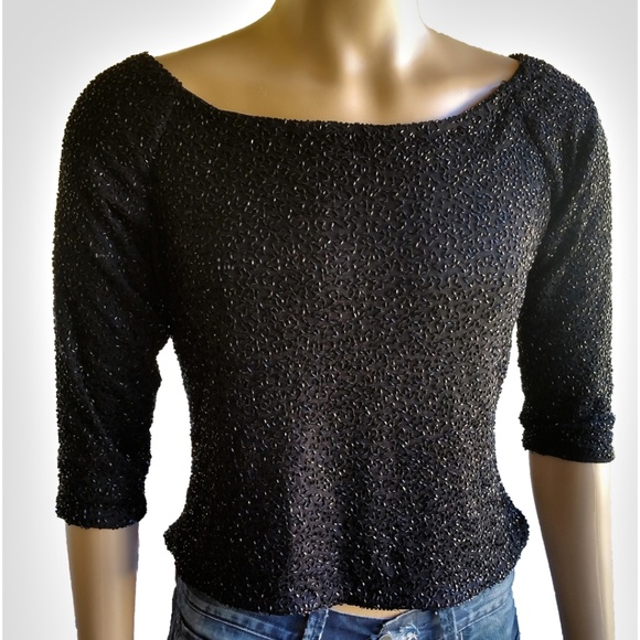 VTG Brilliante JA Womens Beaded Top SZ PXL Black - Picture 1 of 8
